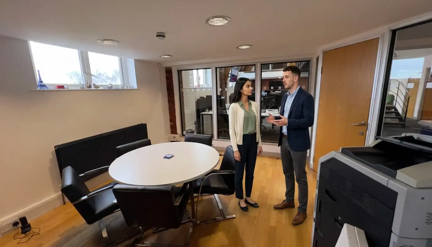 Two colleagues discuss a small business marketing plan in a UK office while standing on open floor space.