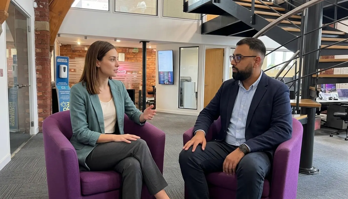 Two colleagues sit in a modern office discussing an AI-led marketing workflow.