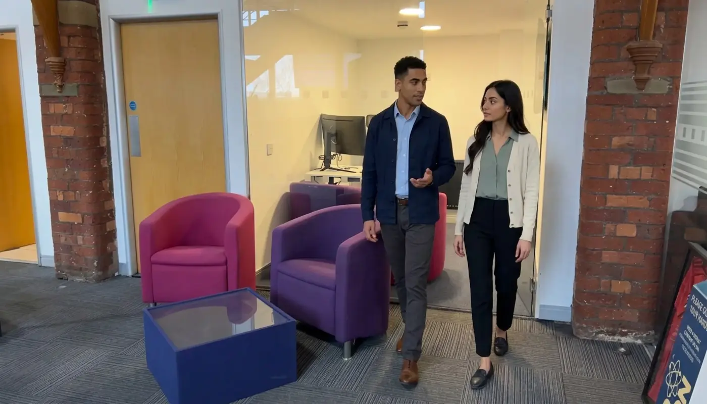Two colleagues walk through an office discussing IT support processes for smoother team workflows.