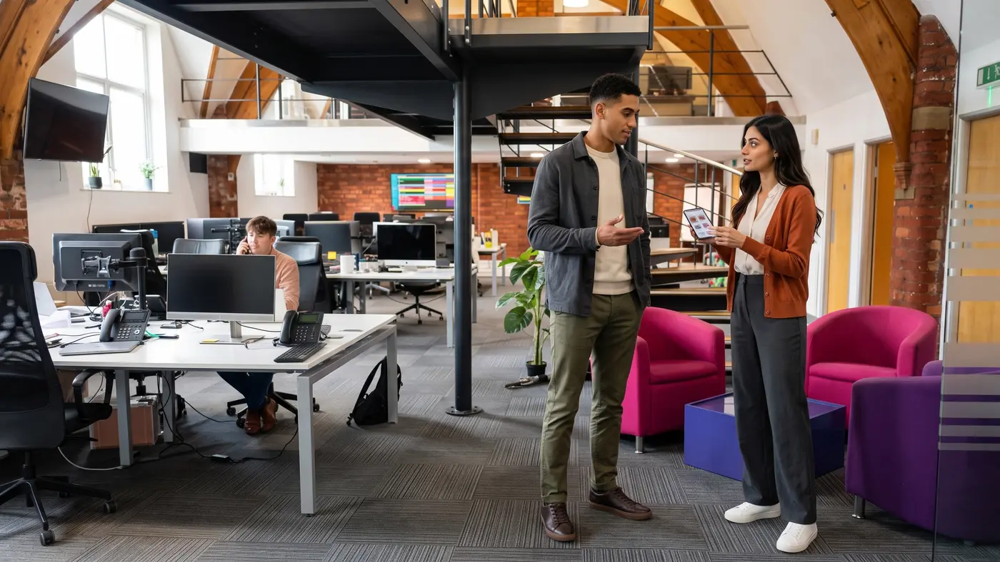 Two colleagues review a phone beside armchairs in a modern office while another person works at a desk