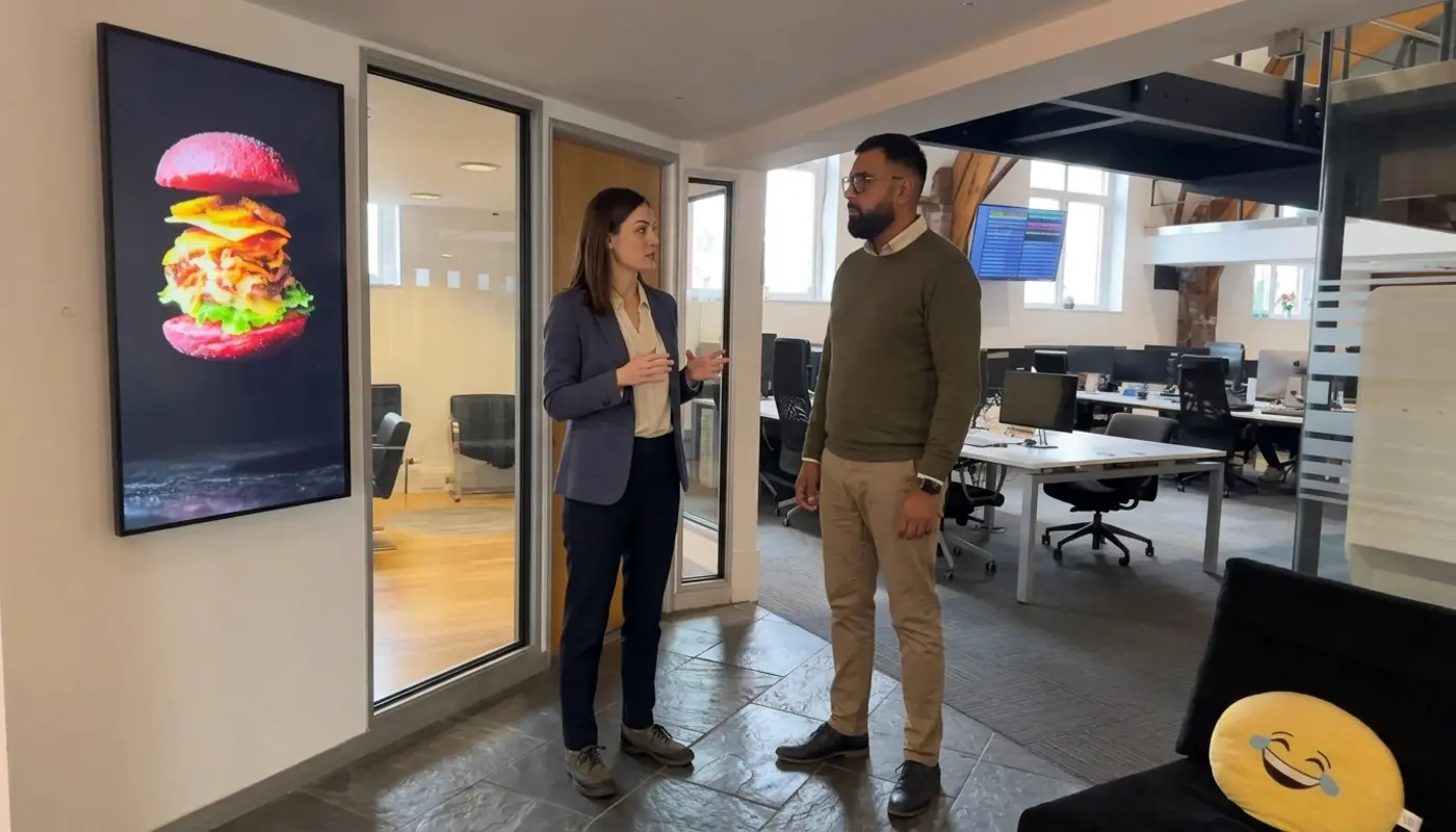 Two colleagues discuss a user journey in an office while reviewing website design decisions.