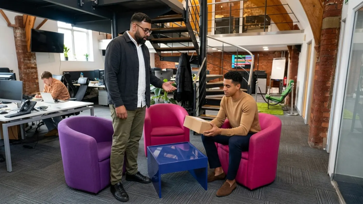Two colleagues review an ecommerce parcel in a bright office seating area