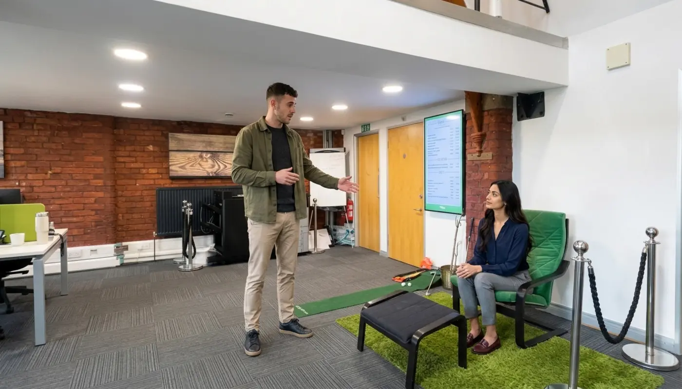 Two colleagues discuss AI automation opportunities in a modern office during a professional walkthrough.