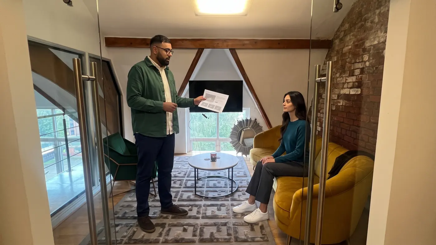 Two colleagues inspect a printed webpage proof in a small office seating area