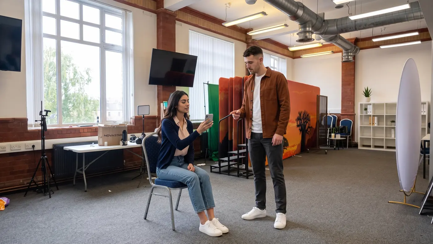 Two colleagues in an office review a phone notification setting beside a blue chair