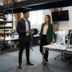 Two colleagues review a Shopify connector setup at a desk in a modern office.