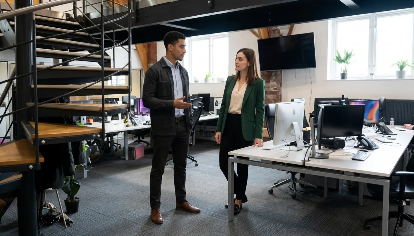 Two colleagues review a Shopify connector setup at a desk in a modern office.