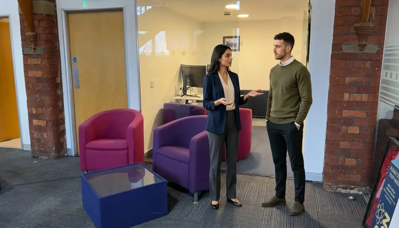 Two colleagues discuss ecommerce consulting priorities in a UK office during a store audit planning session.