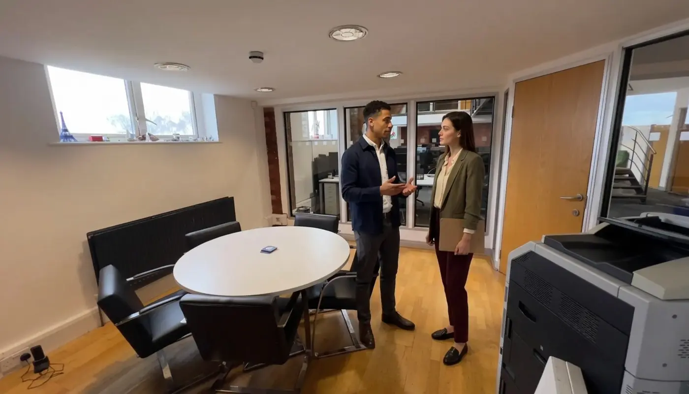 Two colleagues discuss logo design choices in an office during a brand identity consultation.