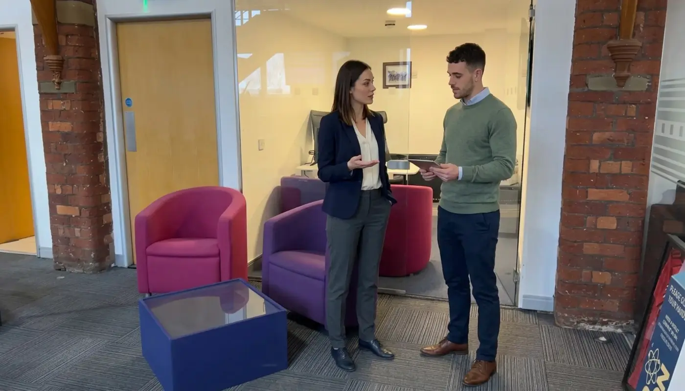 Two colleagues discuss social media planning in an office while reviewing an unreadable tablet.