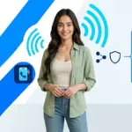 Sara stands before bright VoIP device graphics for small business phone choices.
