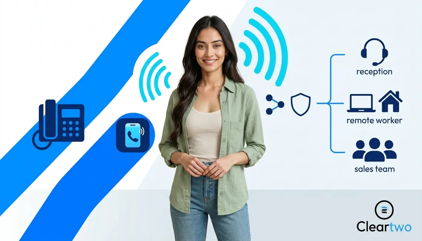 Sara stands before bright VoIP device graphics for small business phone choices.