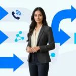 Sara standing before a bright VoIP decision-path graphic for choosing the right system.