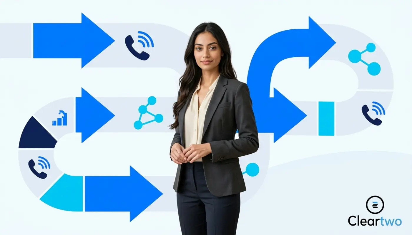 Sara standing before a bright VoIP decision-path graphic for choosing the right system.