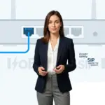 Jessica stands beside VoIP router graphics showing a clear Ethernet phone setup.