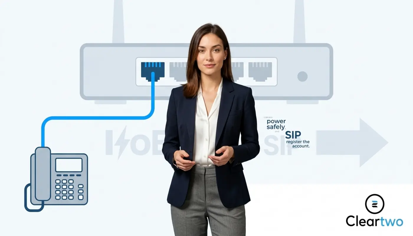 Jessica stands beside VoIP router graphics showing a clear Ethernet phone setup.
