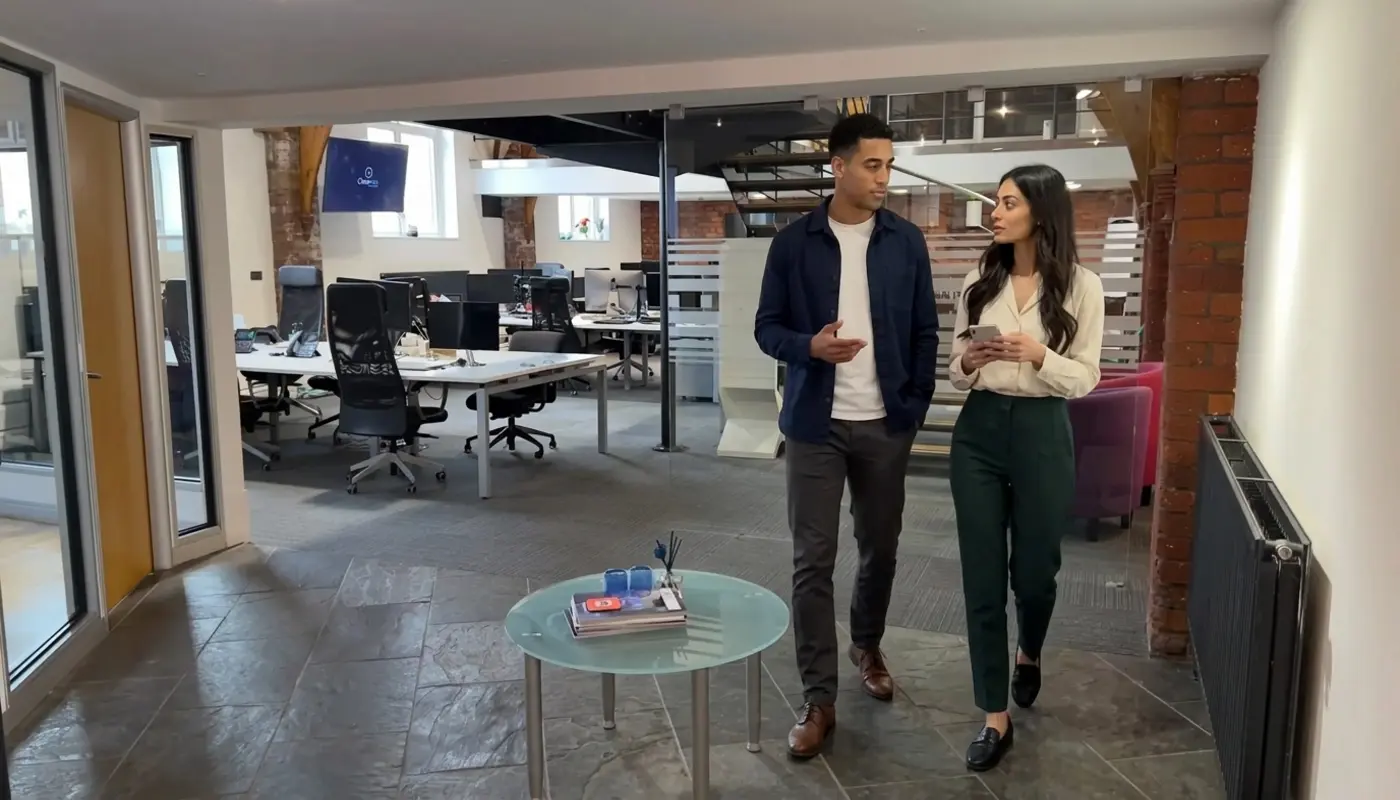 Two colleagues in an office discuss a TikTok content idea while one holds an unreadable phone.