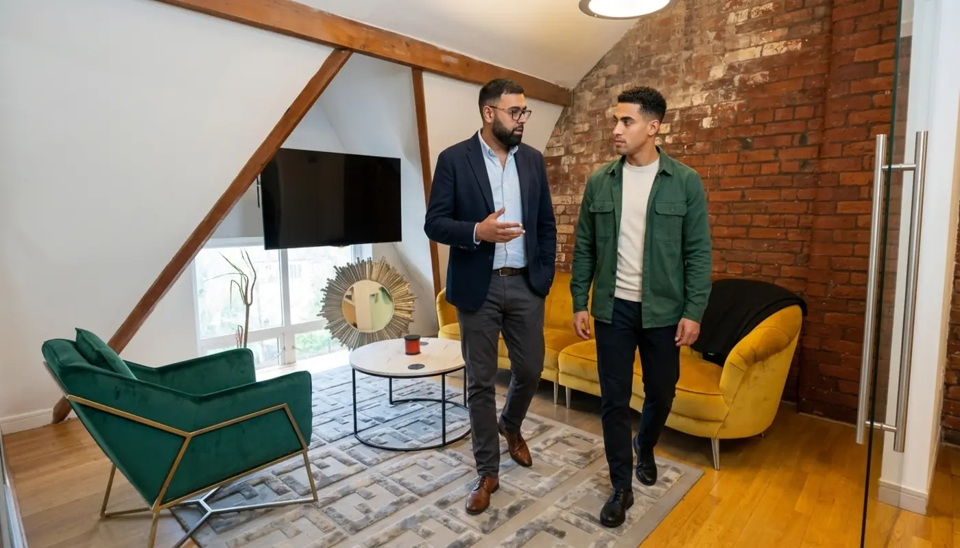 Two colleagues discuss AI search citation strategy while walking through a modern office.