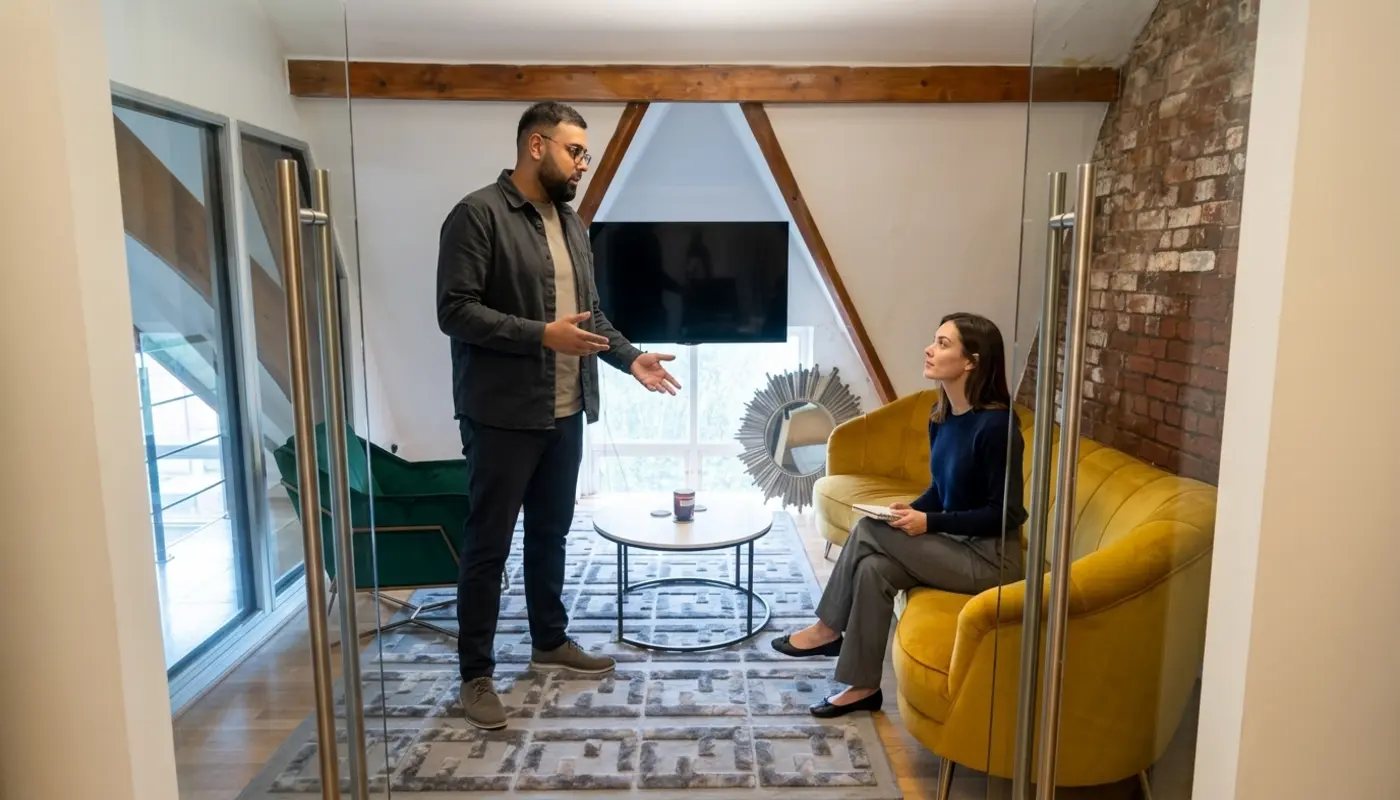Two colleagues discuss Instagram content strategy in a small office seating area.