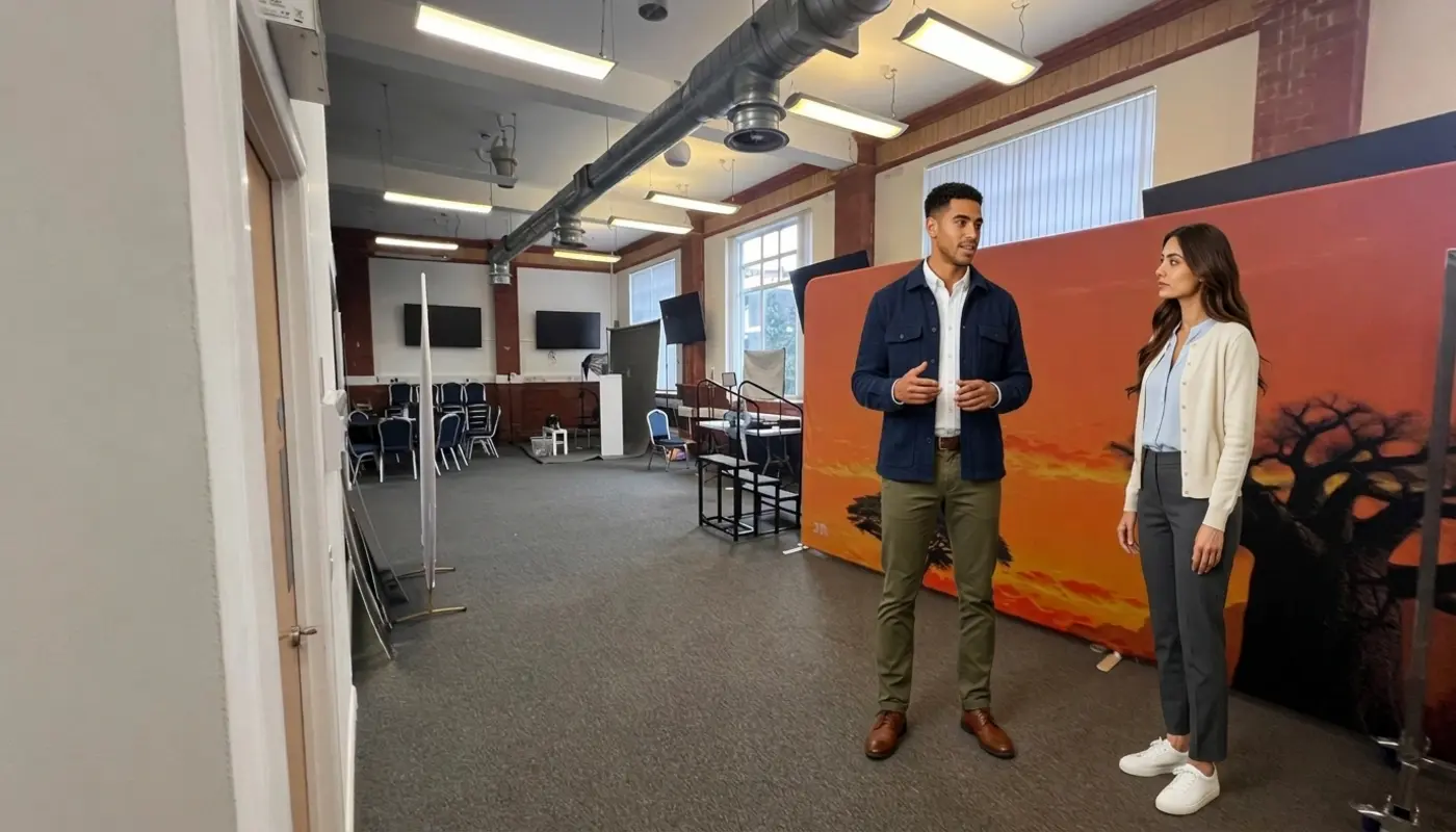 Two colleagues stand in a bright office discussing a website redesign plan near an existing display setup.