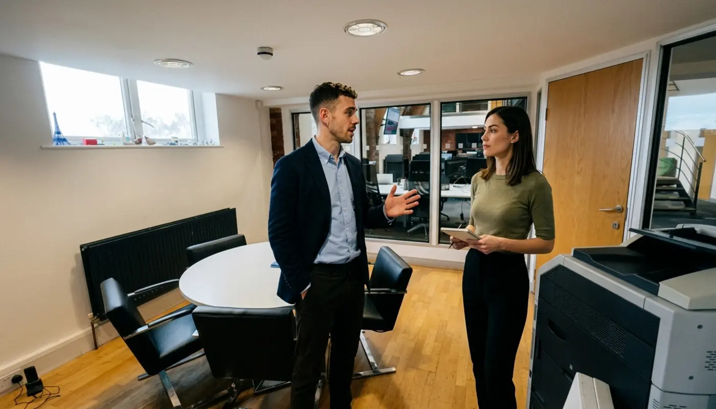 Two colleagues review an ecommerce setup process at a meeting table in a modern office.