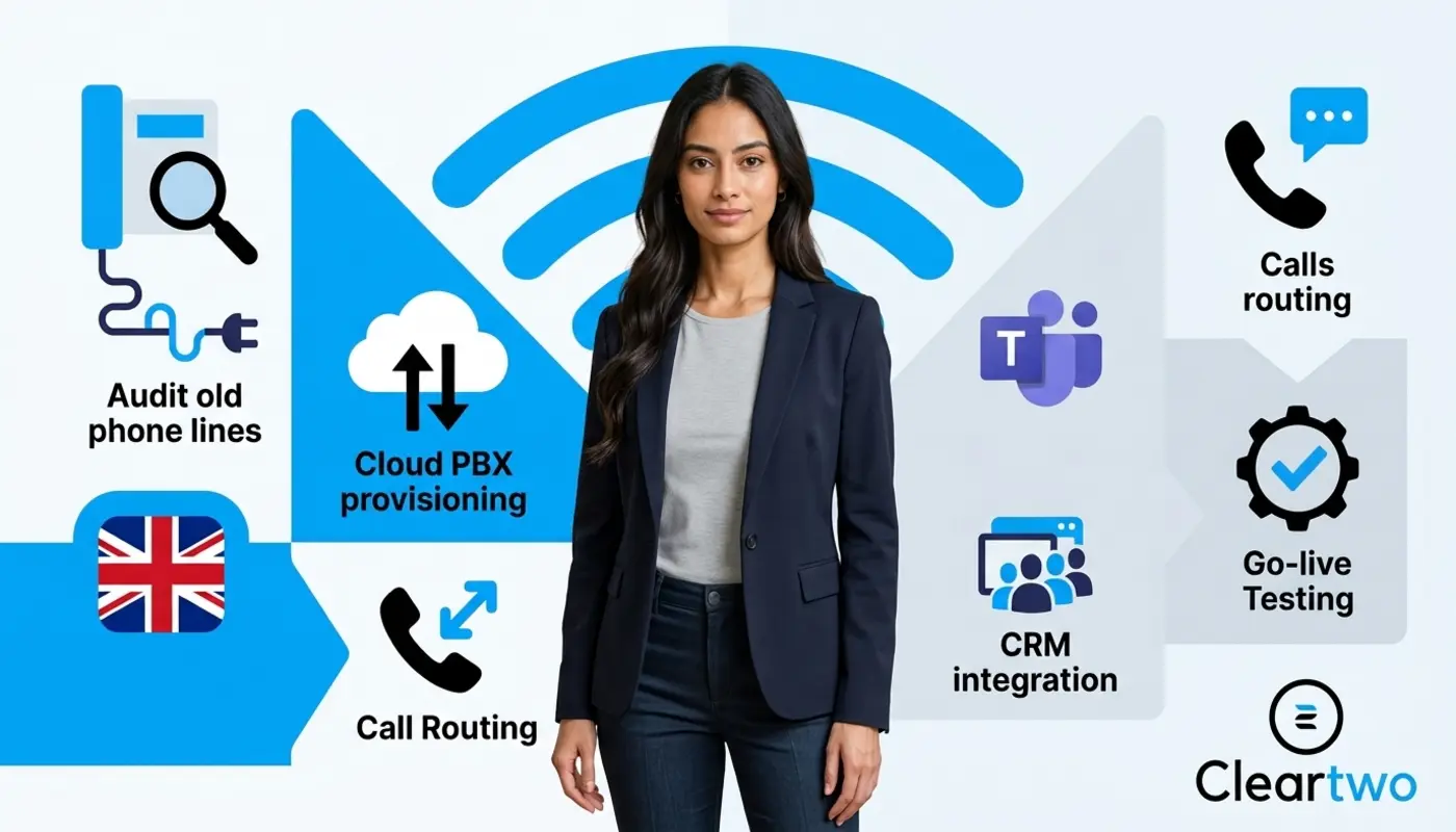 Business consultant standing before a bright VoIP setup planning graphic.