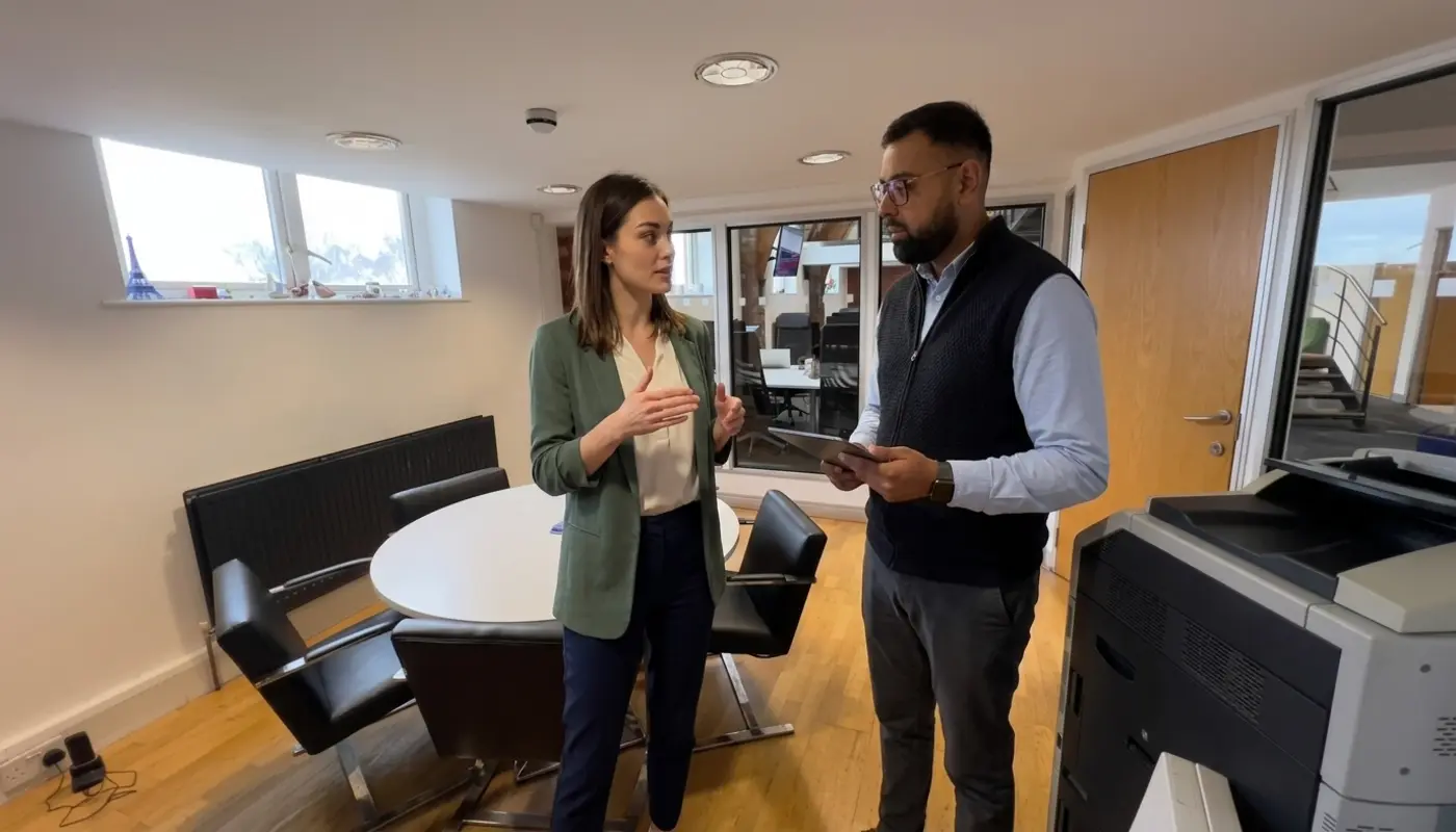 Two colleagues discuss ecommerce SEO priorities in a UK office while reviewing an unreadable tablet.