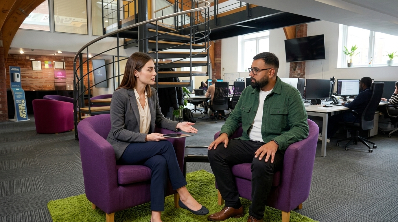 Two colleagues discuss a mobile website review beside a low meeting table in a modern office.