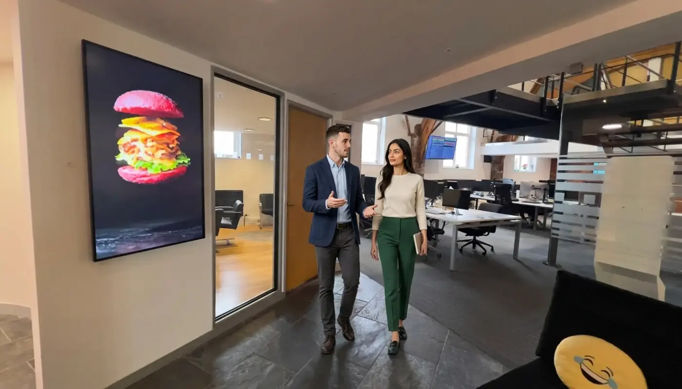 Two professionals walk through an office discussing small business IT support and device management.
