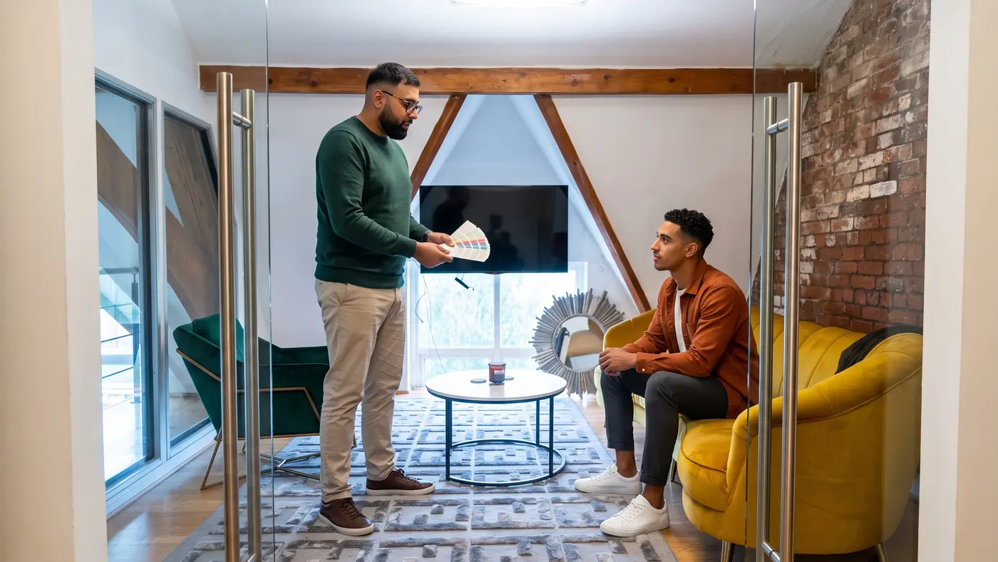 Two colleagues review colour swatches in a cosy office seating area