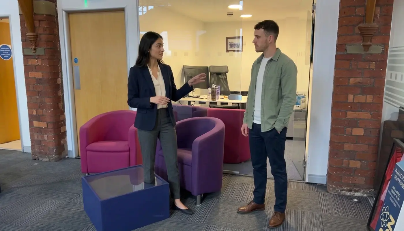 Two colleagues discuss a user journey in a UK office during a UX planning conversation.