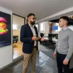 Two colleagues discuss lead handover in a UK office during a marketing planning session.