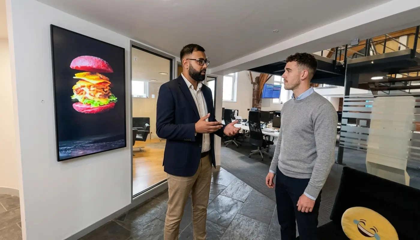 Two colleagues discuss lead handover in a UK office during a marketing planning session.